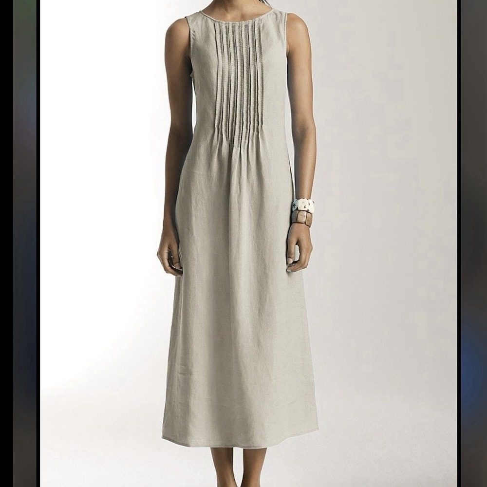 J. Jill Sleeveless Natural Beige 100% Linen Maxi Dress Neutral Lagenlook Size Lg